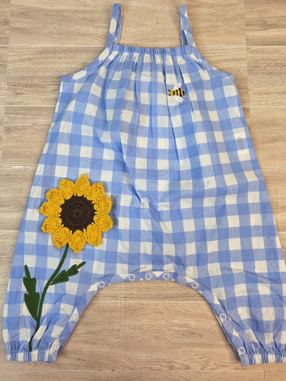 New Mud Pie 3-6 Month Blue and White Gingham Sunflower Romper